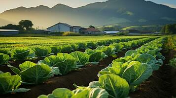 biologique salade prospère dans une durable ferme au milieu de majestueux Matin montagnes. génératif ai photo