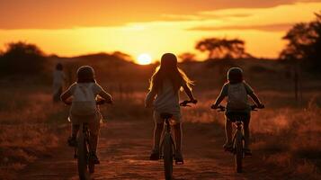 silhouette de actif asiatique des gamins équitation vélos à le coucher du soleil. génératif ai photo