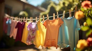 après étant lavé, enfants coloré Vêtements sèche sur une corde à linge dans le Cour à l'extérieur dans le lumière du soleil. génératif ai photo