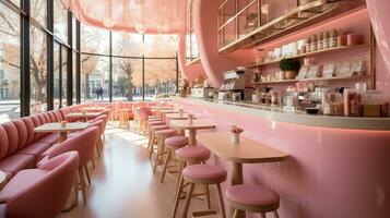 à l'intérieur le moderne Pâtisserie magasin orné dans Barbie rose stratifié. génératif ai photo