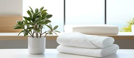 espace pour copie, avec une blanc dessus de la table avec blanc les serviettes et une plante d'appartement photo