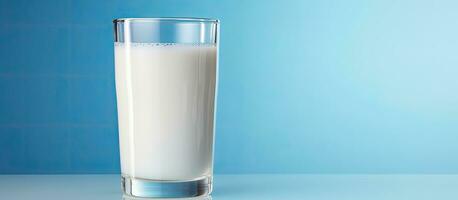 une fermer photo de une verre rempli avec blanc lait, mis sur une bleu Contexte. est utilisé à représenter