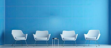 le intérieur de un vide bleu pièce avec moderne bleu et blanc chaises des offres une minimal espace pour photo