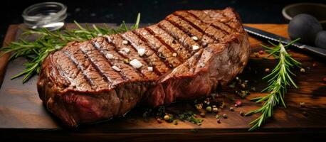 fermer de une pleinement cuit Nouveau york du boeuf steak de noir angus races, chevronné avec herbes, ail, photo