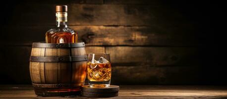 scotch whisky bouteille, verre, et vieux en bois baril avec vide espace photo
