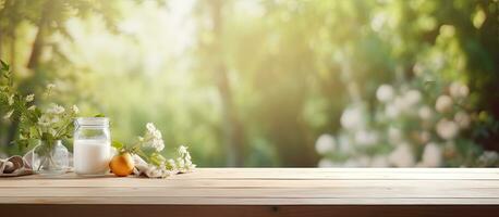 une flou été cuisine fenêtre Contexte avec une blanchi en bois table Haut photo