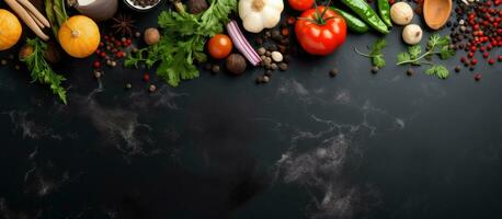 une image de Frais légumes, épices, et herbes sur une noir pierre tableau, lequel est une Contexte photo