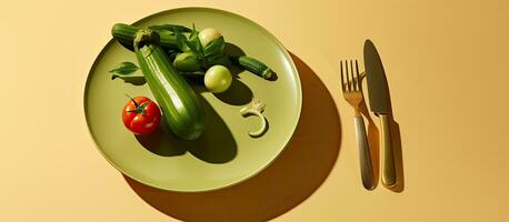 une assiette avec une couteau et copie espace est montré sur une beige arrière-plan, avec vert tomates et photo