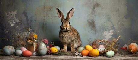 Pâques des œufs et une lapin sur une table près une grunge mur photo