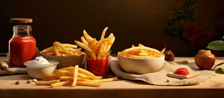 délicieux français frites et sauces sont mis sur le table photo