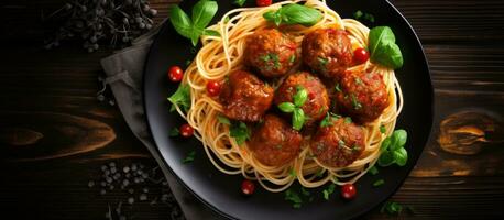 italien Pâtes - spaghetti avec Boulettes de viande et Parmesan fromage servi sur une noir assiette mis sur photo