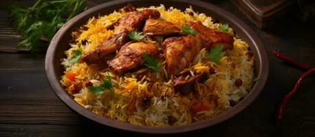 le mandi ou kabsa tandoor plat est une riz plat avec Viande et épices. il est vu de une Haut vue photo