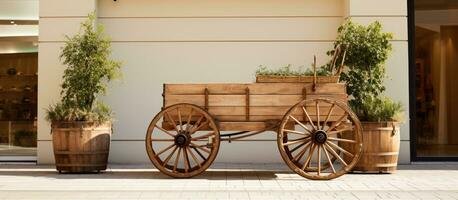 une ancien en bois Chariot est vu dans de face de une supermarché à une département magasin. le Contexte photo