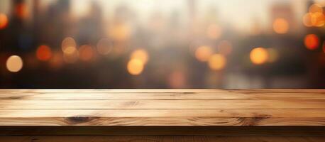 un vide en bois table est mis dans de face de une flou abstrait Contexte. cette bois table Haut photo