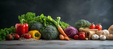 variété de Frais biologique des légumes mis soigneusement sur une rustique gris pierre tableau. le arrangement photo