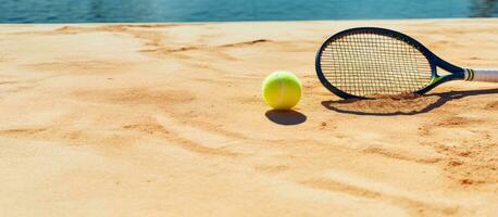 une bannière avec une tennis Jaune Balle avec une tennis raquette ombre sur une le sable plage. représente photo