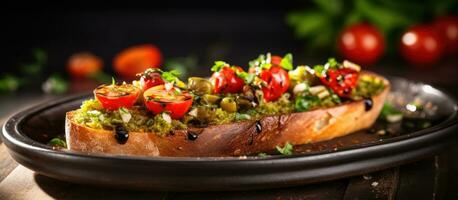 Bruschetta avec olive huile, Olives, Pesto, ail, et Parmesan est une délicatesse cette est tous les deux délicieux photo