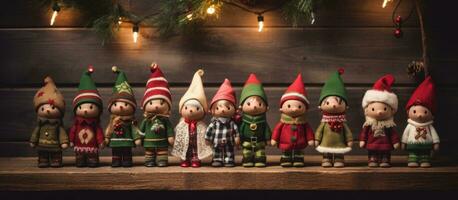 Noël elfes Vêtements et poupées arrangé sur une en bois Contexte. vide espace autour leur photo