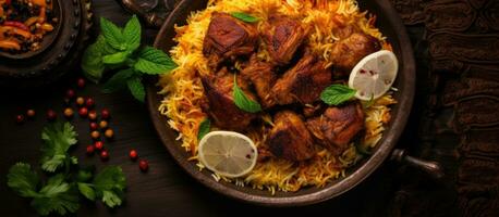 le mandi ou kabsa tandoor plat est une riz plat avec Viande et épices. il est vu de une Haut vue photo