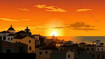 Espagnol style Maisons et toits décrit par une vibrant Orange le coucher du soleil ciel photo
