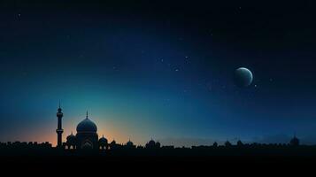 mosquées avec dôme sur crépuscule ciel croissant lune symbole espace pour arabe texte représentant islamique religion et vacances photo