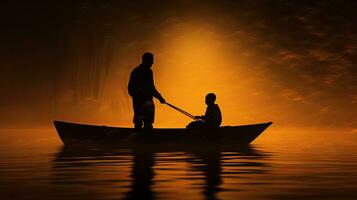 floue et bruyant silhouette image de père et fils sur une en bois bateau photo