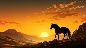 cheval forme sur une colline avec lever du soleil et d'or ciel photo