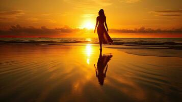 un femme en marchant sur le plage à le coucher du soleil photo