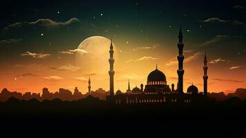 islamique mosquée à le coucher du soleil avec une magnifique lune dans le ciel création une saint et serein nuit photo