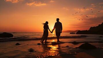 romantique couple s silhouette en portant mains à lever du soleil sur le plage photo