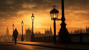 doux gothique éclairage public sur Westminster pont encadré par flou Londres autobus et la personne au milieu de décoloration été le coucher du soleil photo