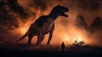 Créatif décoration avec brûlant brumeux Contexte avec le silhouette de une géant dinosaure dans le brumeux nuit avec sélectif concentrer sur peu miniature photo