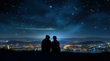 deux Hommes embrasse sur une colline regarder à le étoilé ville ciel photo