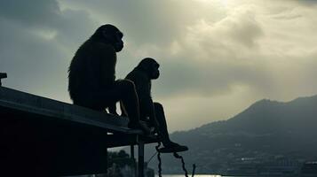 flou singes perche sur voiture toit dans Gibraltar tenter à atteindre chaque autre photo