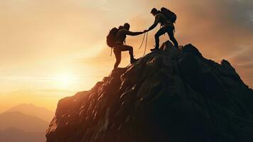 assistant grimpeurs sur rocheux Montagne à le coucher du soleil pendant une périlleux situation photo