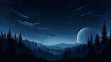 lune brillant au dessus foncé forêt silhouette serein Extérieur nuit scène photo