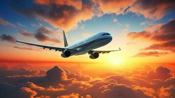 commercial avion jetliner en volant au dessus spectaculaire des nuages dans magnifique le coucher du soleil lumière Voyage concept photo