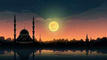 islamique nuit avec une silhouette mosquée contre une le coucher du soleil ciel avec une lune création une saint ambiance photo