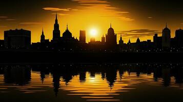 Moscou le coucher du soleil avec silhouettes de célèbre bâtiments réfléchi dans le rivière coloré dans noir et Jaune photo
