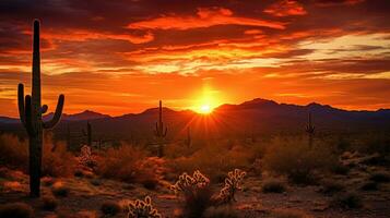 sonoriste désert le coucher du soleil avec saguaro s silhouette illuminé photo