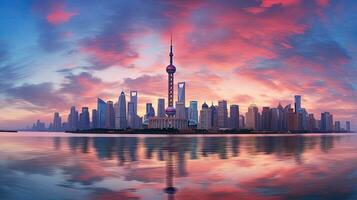 coloré ciel plus de Huangpu rivière Shanghai horizon à lever du soleil photo