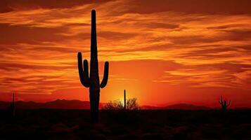 sonoriste désert le coucher du soleil avec saguaro s silhouette illuminé photo