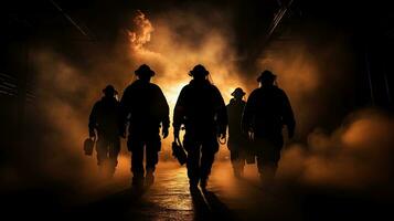 sapeurs pompiers avec lampes de poche sur leur coffres en marchant une façon de fumée photo