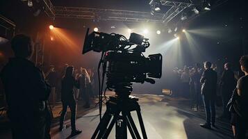 expérimenté cameraman enregistrement vivre un événement nouvelles studio avec sélectif concentrer photo