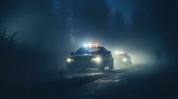 police voitures conduite à nuit ciselure une voiture dans brouillard 911 police voiture se précipiter à la criminalité scène photo