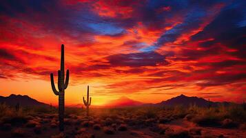 silhouette cactus au milieu de ardent désert ciel dans Arizona s saguaro nationale parc Ouest photo