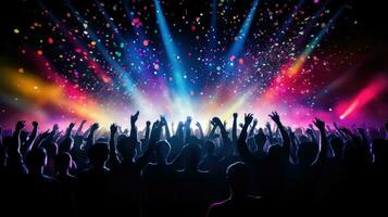concert foule avec coloré étape lumières et confettis photo