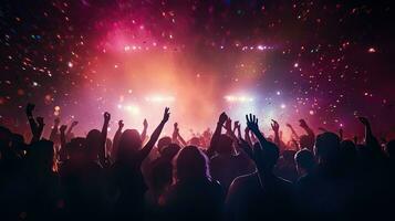 concert foule avec coloré étape lumières et confettis photo