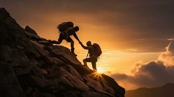 assistant grimpeurs sur rocheux Montagne à le coucher du soleil pendant une périlleux situation photo