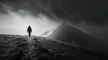 la personne sur le de pointe monochrome photo neigeux paysage randonnée dans hiver